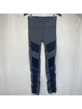 Alo Yoga High Waist Moto Ribbed Leggings Women Medium Gray-Blue Stretch